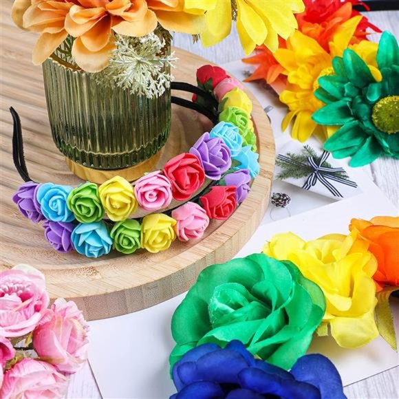 6 Pcs Boho Floral Crown Stretch Rose Flower Headband Girls Rainbow Headband main image 5